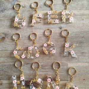 Porte-clés "Alphabet " - Or et Fleurs rose