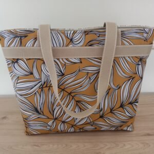 Sac Cabas motif feuilles moutarde et blanc