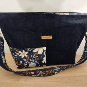 Sac bandoulière velours marine et motifs fleurs