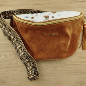 Sac banane velours ocre et motif fleurs