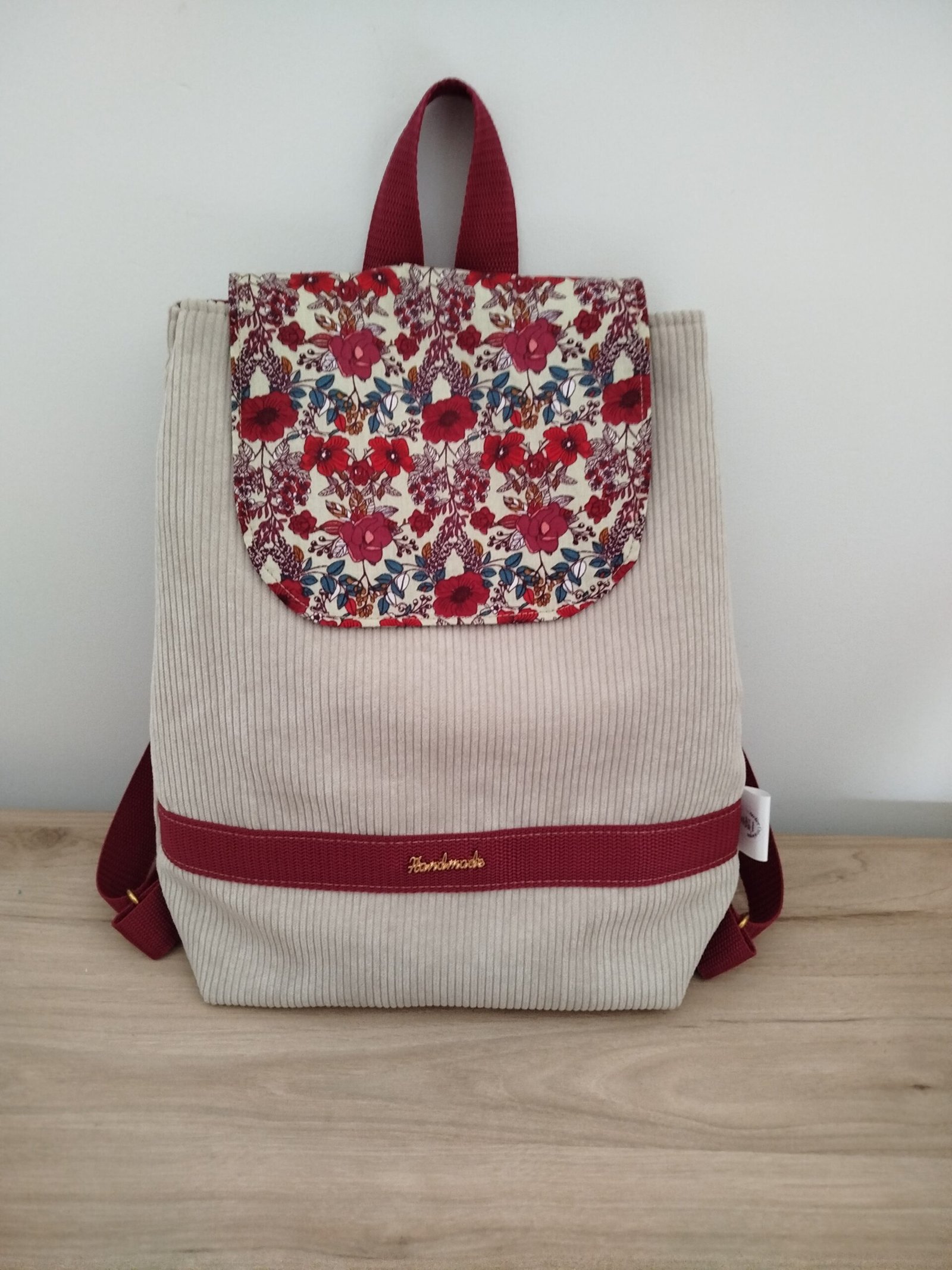 Sac à dos Velours côtelé beige et motif fleurs rouge