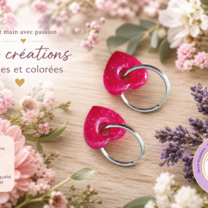 Boucles d'oreilles "COEUR" fuchsia pailleté avec créoles