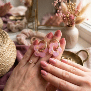 Boucles d'oreilles "FLEURS" ROSE pailleté avec créoles
