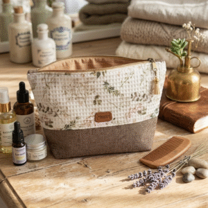 Trousse de toilette Bicolore " Taupe - Floral"