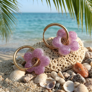 Boucles d'oreilles "FLEURS" rose pailletté