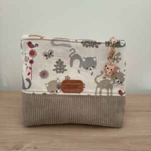 Trousse à maquillage "Velours beige" motif chats