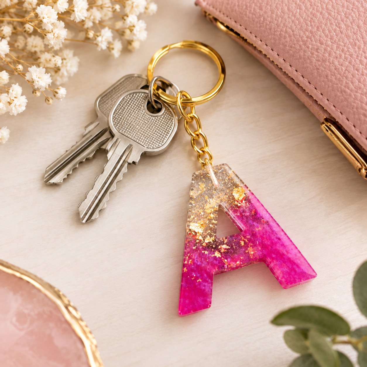 Porte-clés "Lettre A" Rose fuchsia et éclats dorés